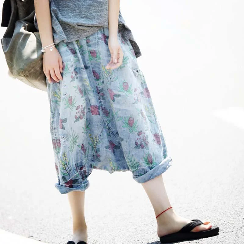 Western Style 3/4 Length Floral Denim Harem Pants