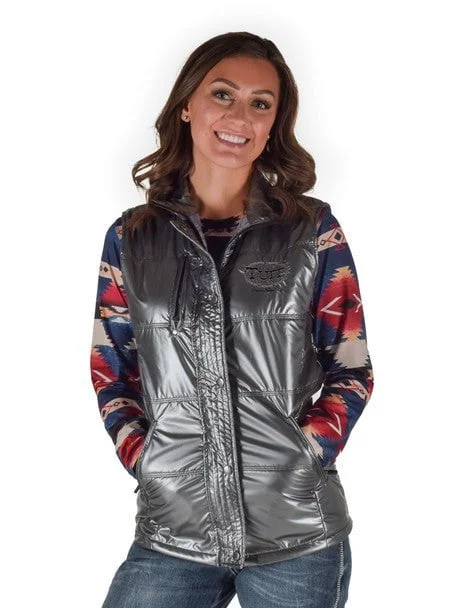 Preppy Minimalism Cowgirl Tuff Womens Midweight Logo Silver 100% Polyester Softshell Vest Preppy Minimalism Cowgirl Tuff Womens Midweight Logo Silver 100% Polyester Softshell Vest