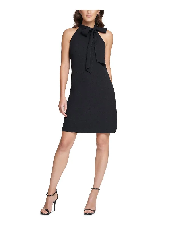 Petites Womens Tie Neck Sleev Shift Dress