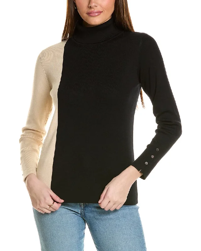 T Tahari Turtleneck Colorblocked Rib Pullover