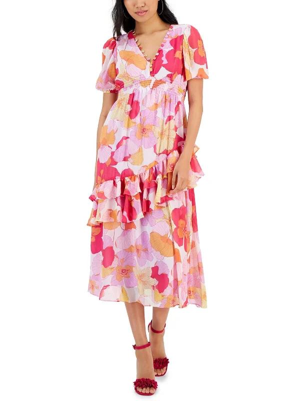 Relaxed Elegance Petites Womens Daytime Cascade Ruffle Midi Dress