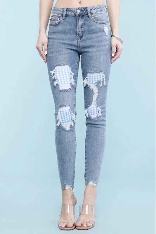 Sweet Summer Skinny Jeans In Blue Gingham Patch