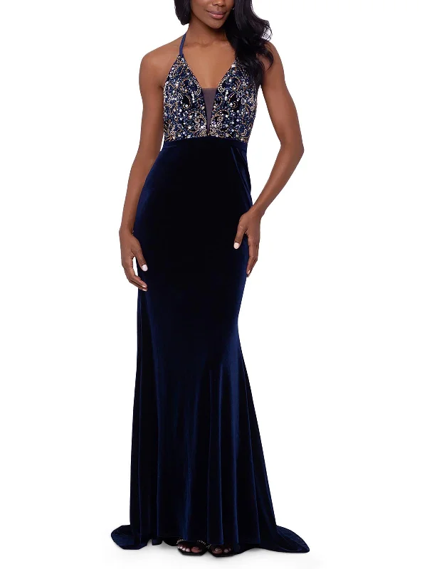 Sophisticated Minimalism Womens Velvet Embellished Evening Dress