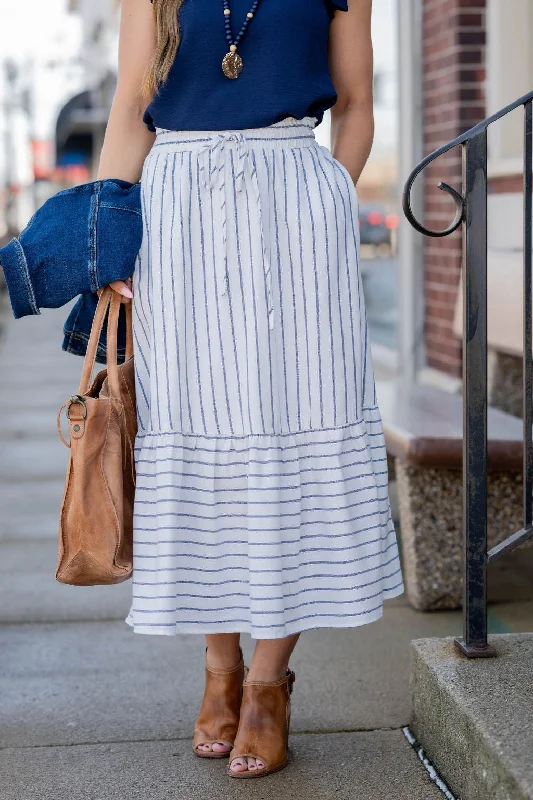 Mixed Stripes Ruffle Bottom Midi Skirt