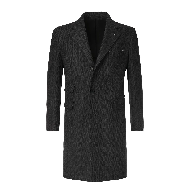 Single-Breasted Herringbone Wool Coat in Dark Grey. Exclusively Made for Sartale