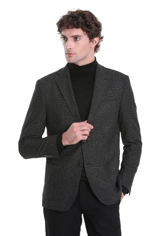 Comfort Fit Notch Lapel Textured Black Classic Blazer