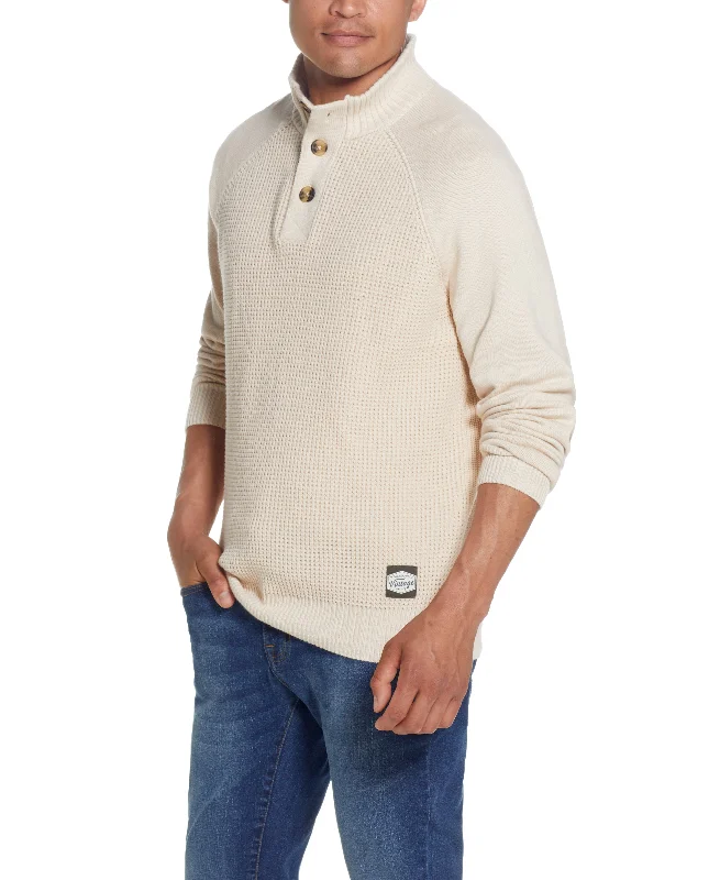 Raglan Sleeves Shaker Stitch Buttonup Mock In Ecru