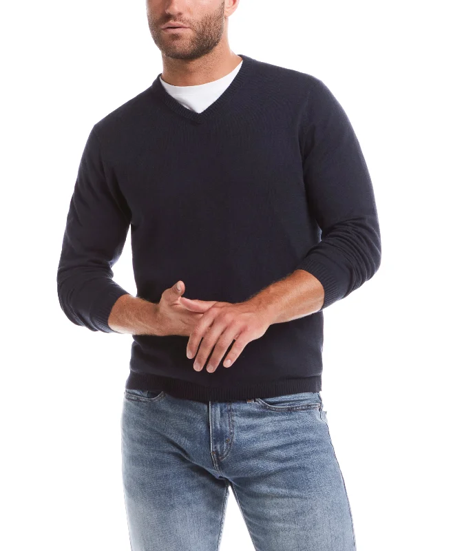 Cotton Cashmere Holiday V-Neck In Navy