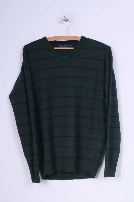 James Pringle Mens S Jumper Sweater Dark Green Striped V Neck