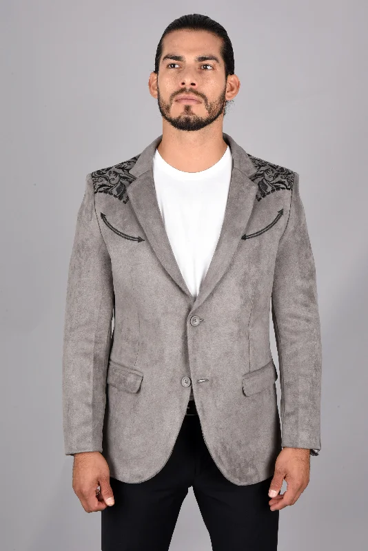 Men's Double Button Gray Faux-Suede Embroidery Blazer