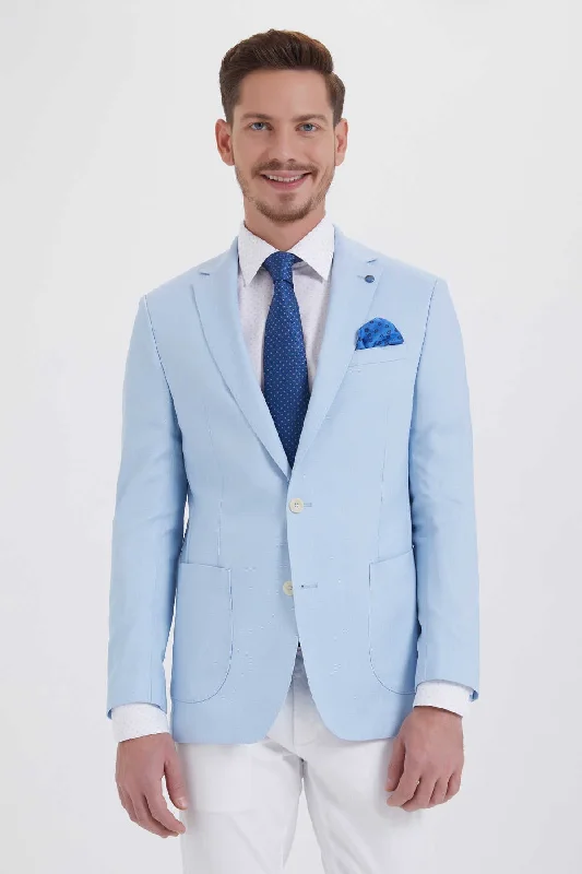 Slim Fit Notch Lapel Ice Blue Cotton Blend Classic Blazer