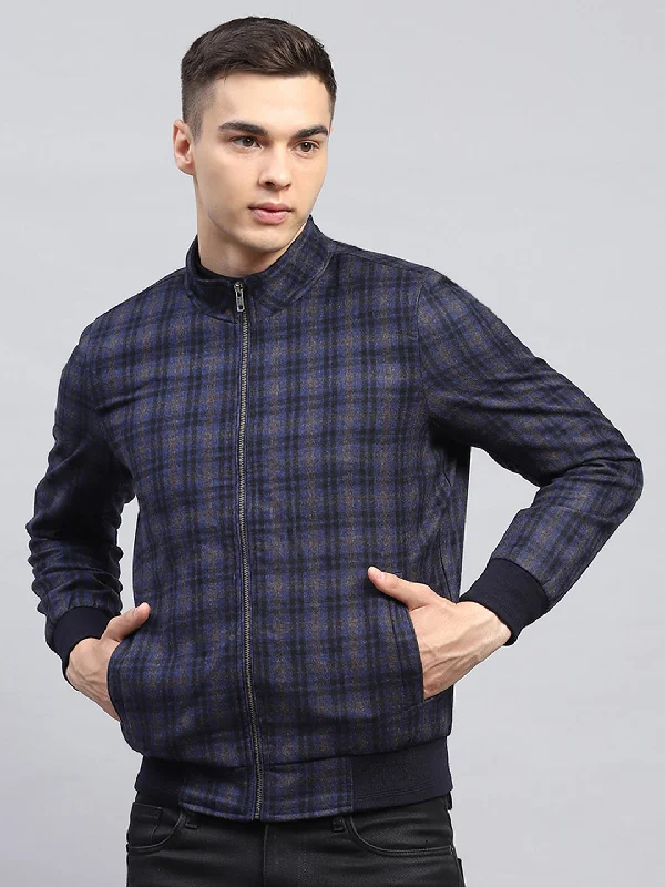 Men Blue Check Mock Neck Full Sleeve Coat