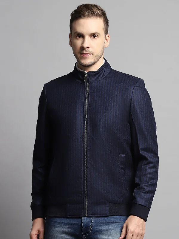 Men Blue Stripe Mock Neck Full Sleeve Coat