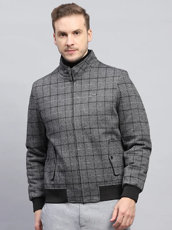 Men Grey Check Mock Neck Full Sleeve Coat