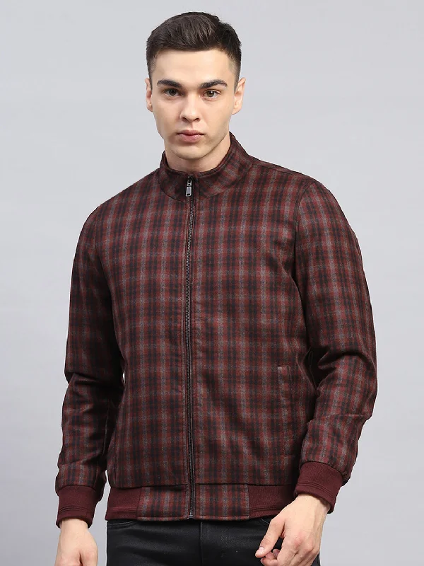 Men Maroon Check Mock Neck Full Sleeve Coat