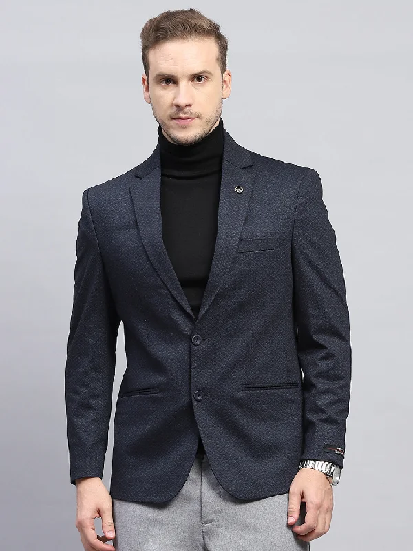 Men Navy Blue Self Design V Neck Full Sleeve Coat