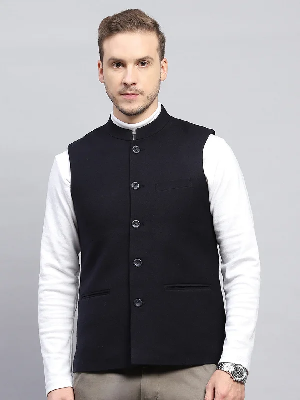 Men Navy Blue Solid Band Collar Sleeveless Coat