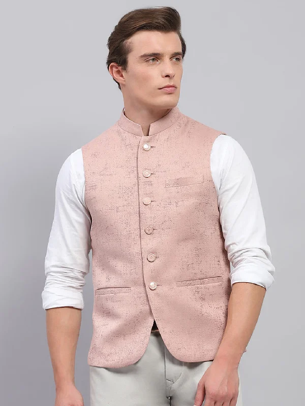 Men Pink Self Design Band Collar Sleeveless Coat